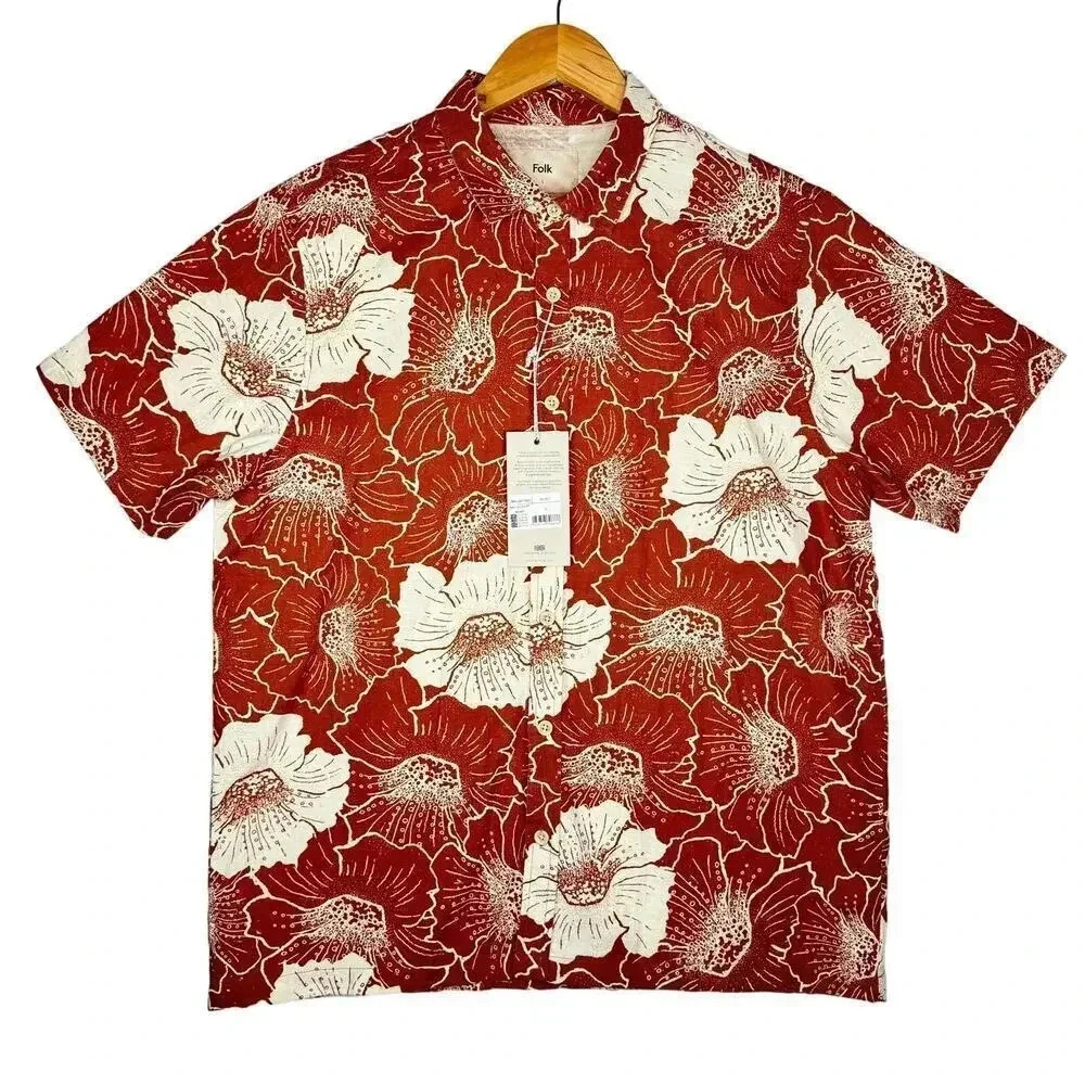 NWT Folk Maui Linen Short Sleeve Camp Rust Orange Floral Shirt Size L Hawaiian